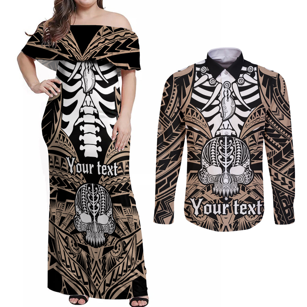 Personalised Polynesia Skull Couples Matching Off Shoulder Maxi Dress and Long Sleeve Button Shirts With Boars Tusk Gold Arty Vibe LT9 - Wonder Print Shop