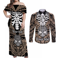 Personalised Polynesia Skull Couples Matching Off Shoulder Maxi Dress and Long Sleeve Button Shirts With Boars Tusk Gold Arty Vibe LT9 - Wonder Print Shop