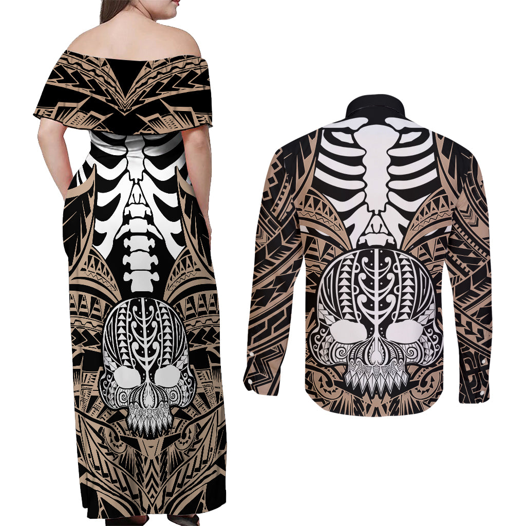 Personalised Polynesia Skull Couples Matching Off Shoulder Maxi Dress and Long Sleeve Button Shirts With Boars Tusk Gold Arty Vibe LT9 - Wonder Print Shop
