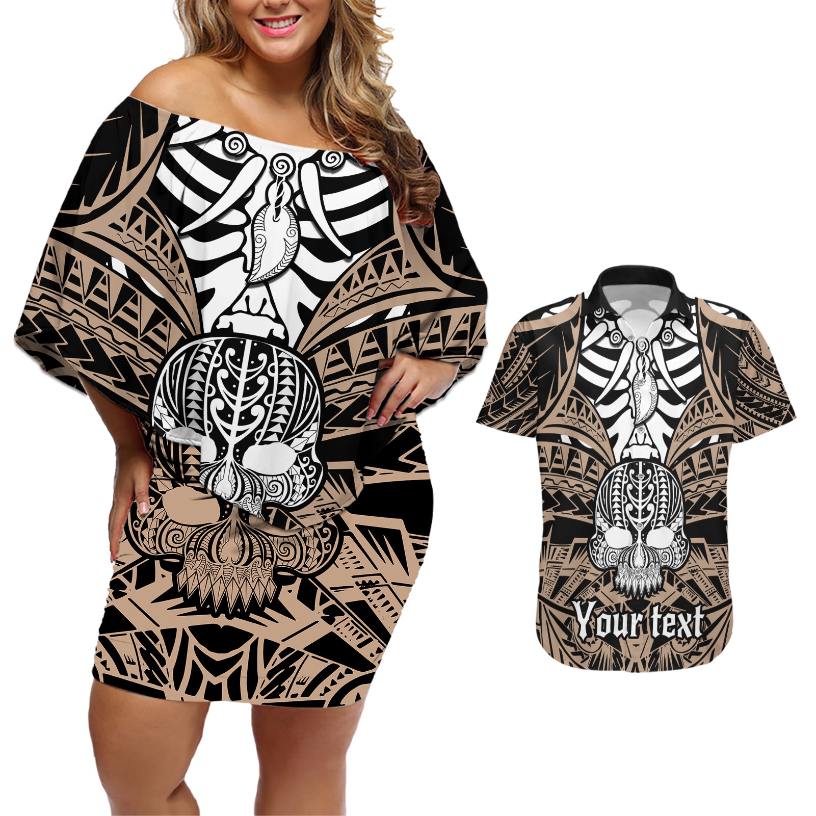 Personalised Polynesia Skull Couples Matching Off Shoulder Short Dress and Hawaiian Shirt With Boars Tusk Gold Arty Vibe LT9 - Wonder Print Shop