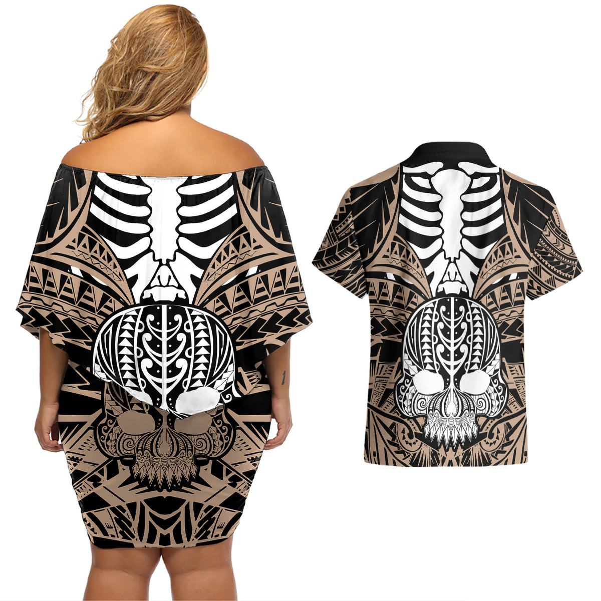 Personalised Polynesia Skull Couples Matching Off Shoulder Short Dress and Hawaiian Shirt With Boars Tusk Gold Arty Vibe LT9 - Wonder Print Shop