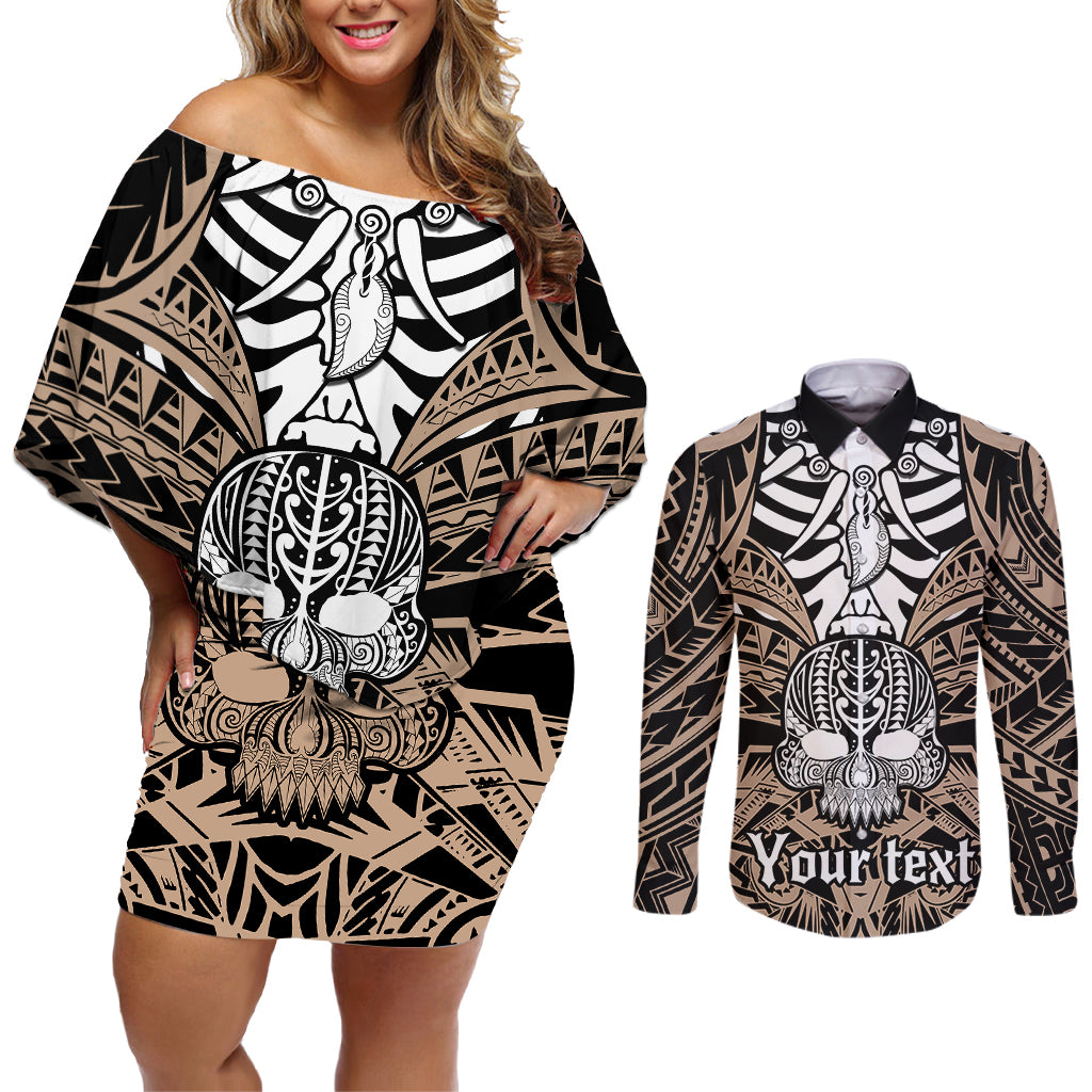 Personalised Polynesia Skull Couples Matching Off Shoulder Short Dress and Long Sleeve Button Shirts With Boars Tusk Gold Arty Vibe LT9 - Wonder Print Shop
