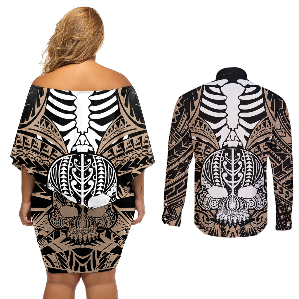 Personalised Polynesia Skull Couples Matching Off Shoulder Short Dress and Long Sleeve Button Shirts With Boars Tusk Gold Arty Vibe LT9 - Wonder Print Shop