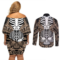 Personalised Polynesia Skull Couples Matching Off Shoulder Short Dress and Long Sleeve Button Shirts With Boars Tusk Gold Arty Vibe LT9 - Wonder Print Shop