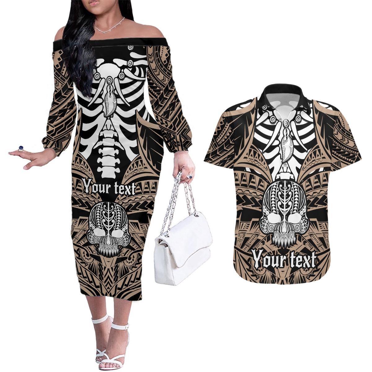 Personalised Polynesia Skull Couples Matching Off The Shoulder Long Sleeve Dress and Hawaiian Shirt With Boars Tusk Gold Arty Vibe LT9 - Wonder Print Shop
