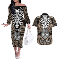Personalised Polynesia Skull Couples Matching Off The Shoulder Long Sleeve Dress and Hawaiian Shirt With Boars Tusk Gold Arty Vibe LT9 - Wonder Print Shop