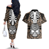 Personalised Polynesia Skull Couples Matching Off The Shoulder Long Sleeve Dress and Hawaiian Shirt With Boars Tusk Gold Arty Vibe LT9 - Wonder Print Shop