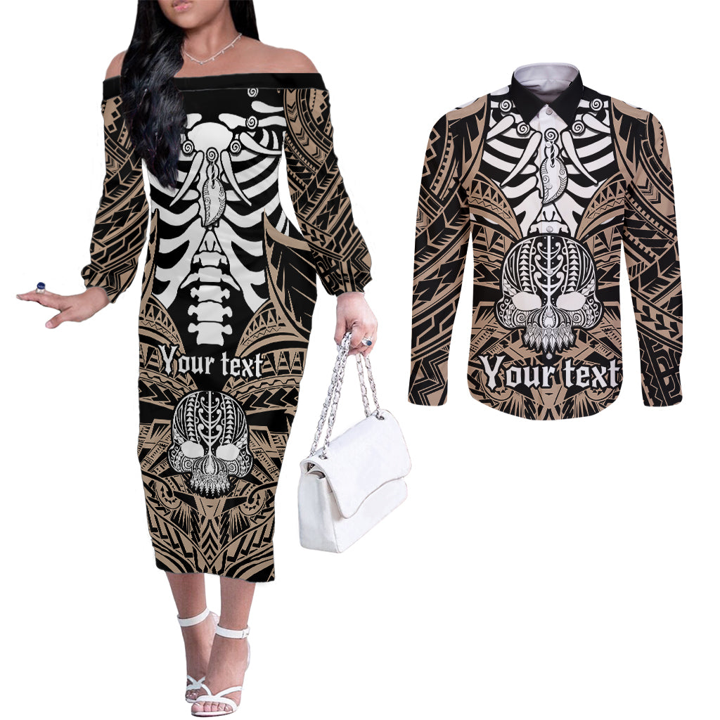 personalised-polynesia-skull-couples-matching-off-the-shoulder-long-sleeve-dress-and-long-sleeve-button-shirts-with-boars-tusk-gold-arty-vibe