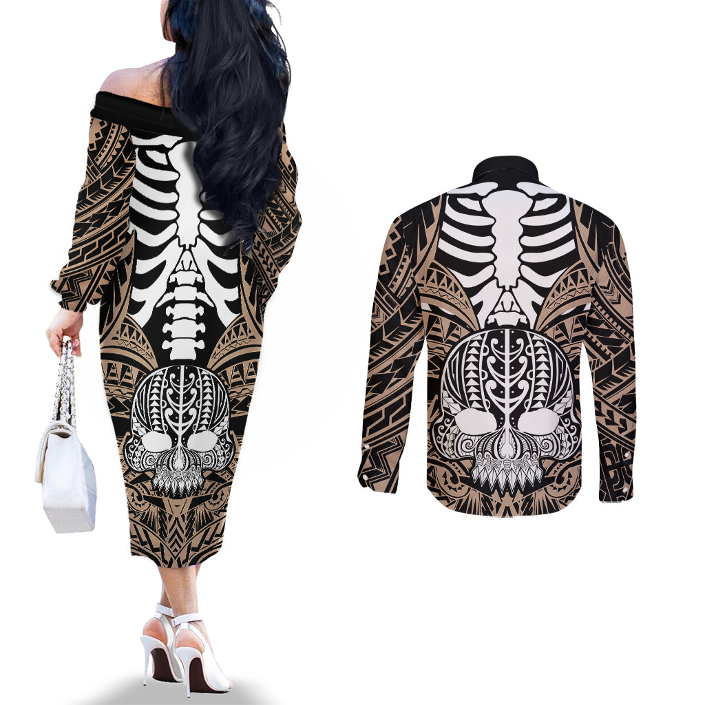 personalised-polynesia-skull-couples-matching-off-the-shoulder-long-sleeve-dress-and-long-sleeve-button-shirts-with-boars-tusk-gold-arty-vibe