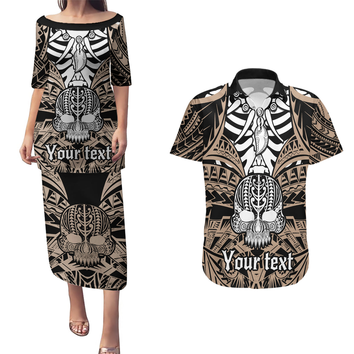 Personalised Polynesia Skull Couples Matching Puletasi Dress and Hawaiian Shirt With Boars Tusk Gold Arty Vibe LT9 - Wonder Print Shop