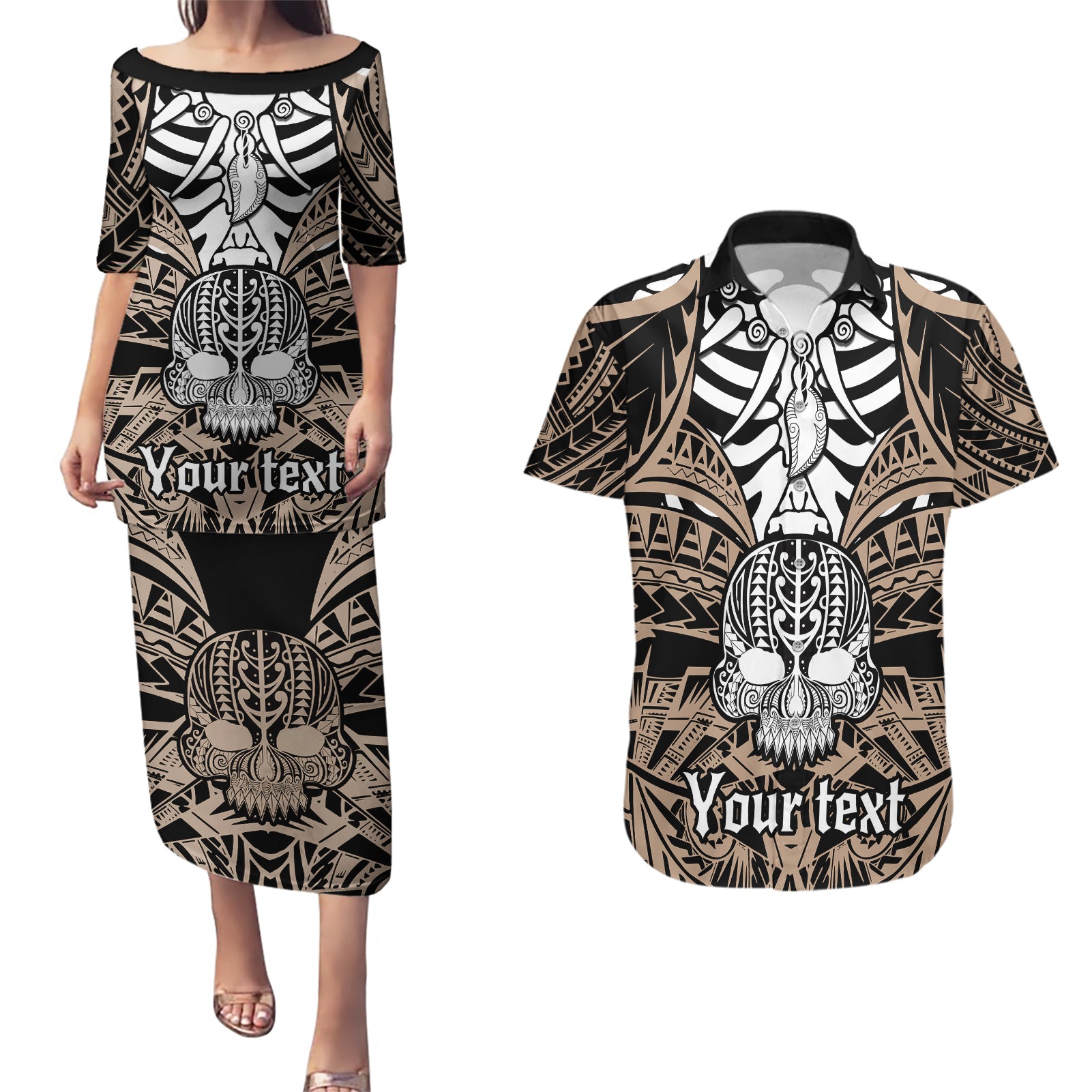 Personalised Polynesia Skull Couples Matching Puletasi Dress and Hawaiian Shirt With Boars Tusk Gold Arty Vibe LT9 - Wonder Print Shop