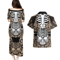 Personalised Polynesia Skull Couples Matching Puletasi Dress and Hawaiian Shirt With Boars Tusk Gold Arty Vibe LT9 - Wonder Print Shop