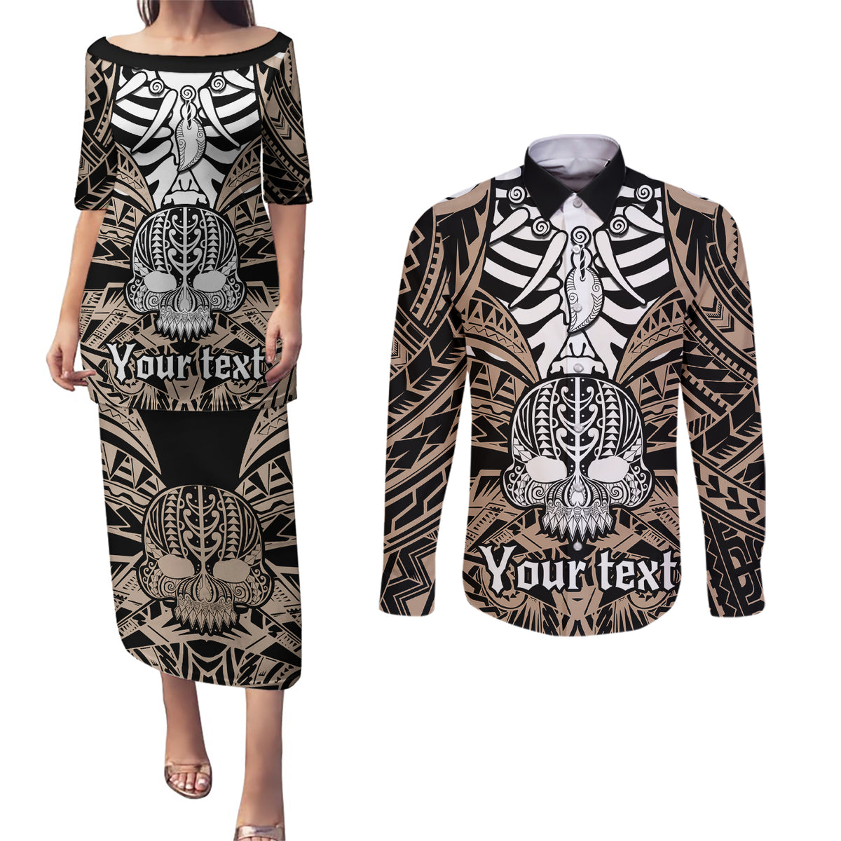 Personalised Polynesia Skull Couples Matching Puletasi Dress and Long Sleeve Button Shirts With Boars Tusk Gold Arty Vibe LT9 - Wonder Print Shop