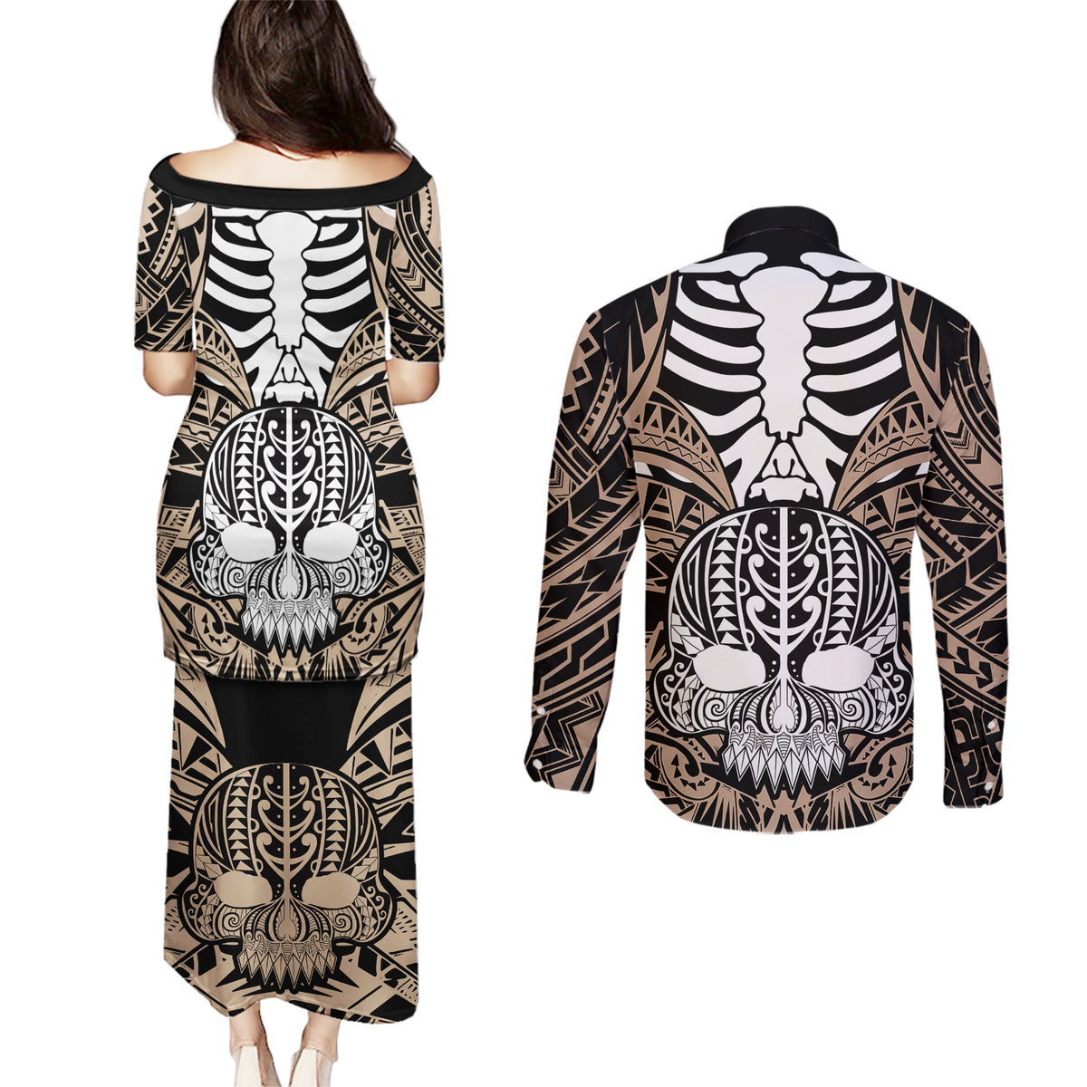 Personalised Polynesia Skull Couples Matching Puletasi Dress and Long Sleeve Button Shirts With Boars Tusk Gold Arty Vibe LT9 - Wonder Print Shop