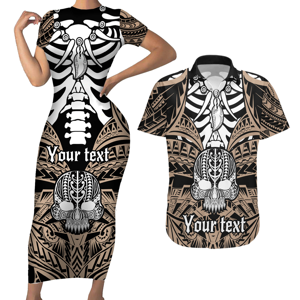 Personalised Polynesia Skull Couples Matching Short Sleeve Bodycon Dress and Hawaiian Shirt With Boars Tusk Gold Arty Vibe LT9 - Wonder Print Shop