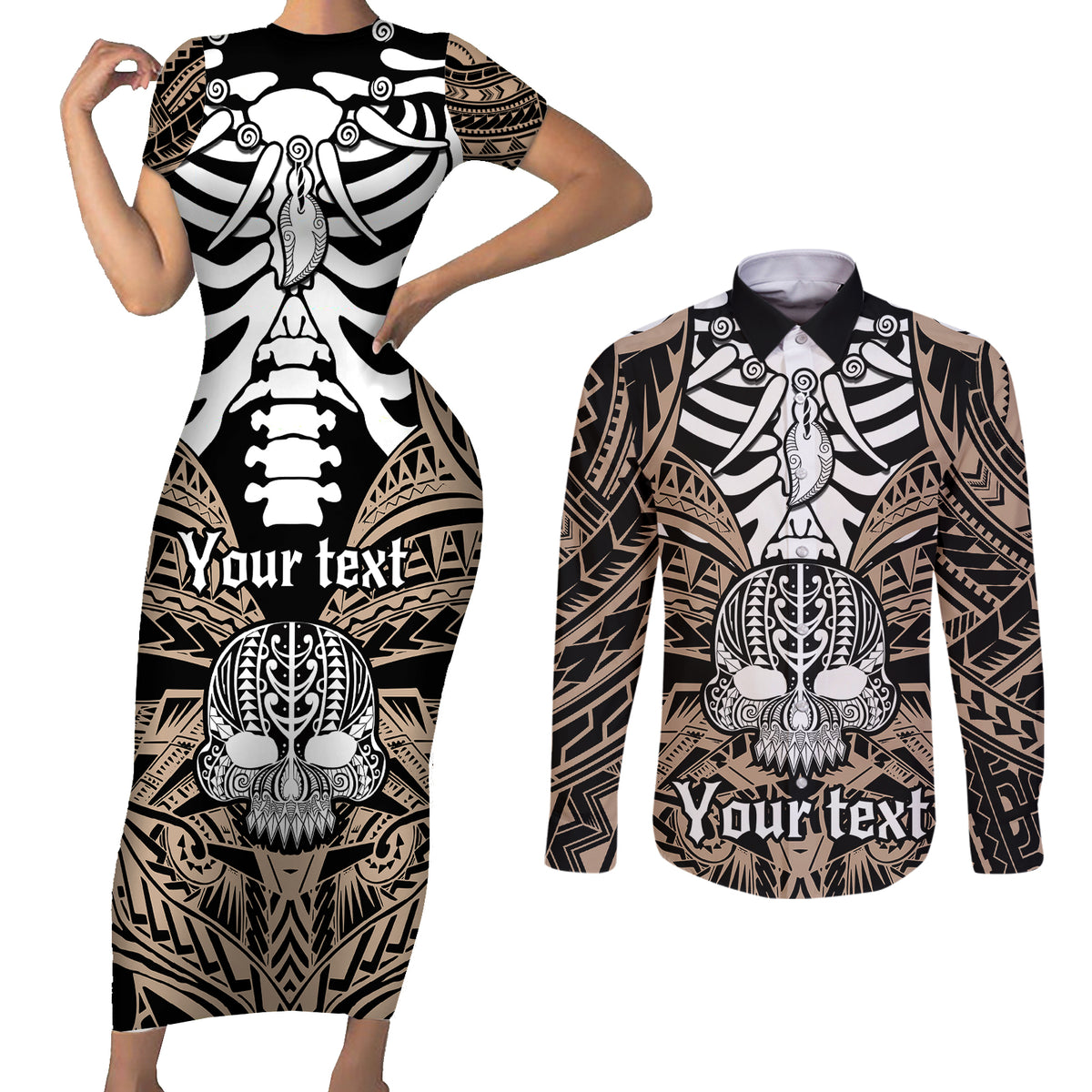Personalised Polynesia Skull Couples Matching Short Sleeve Bodycon Dress and Long Sleeve Button Shirts With Boars Tusk Gold Arty Vibe LT9 - Wonder Print Shop