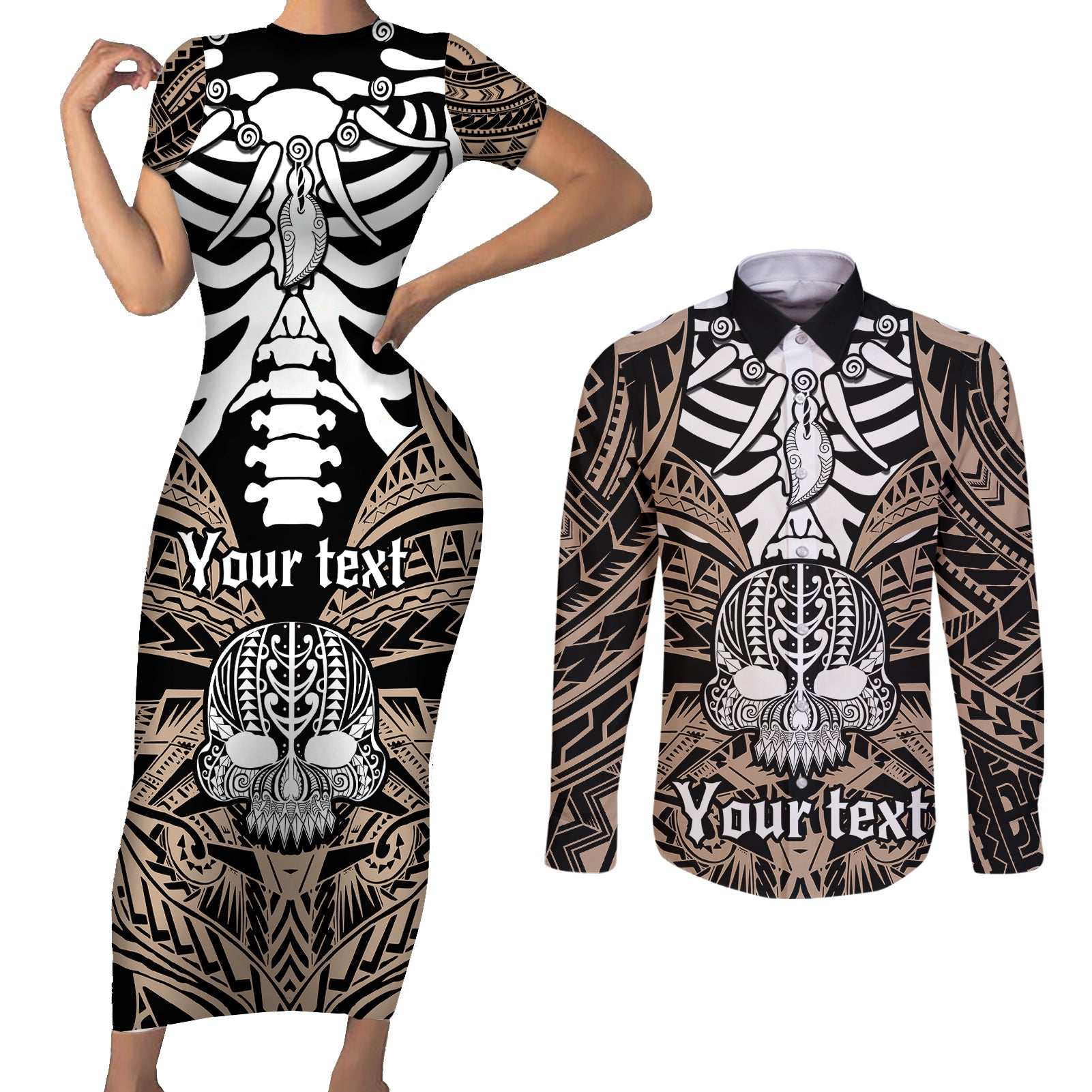 Personalised Polynesia Skull Couples Matching Short Sleeve Bodycon Dress and Long Sleeve Button Shirts With Boars Tusk Gold Arty Vibe LT9 - Wonder Print Shop