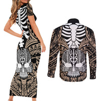Personalised Polynesia Skull Couples Matching Short Sleeve Bodycon Dress and Long Sleeve Button Shirts With Boars Tusk Gold Arty Vibe LT9 - Wonder Print Shop