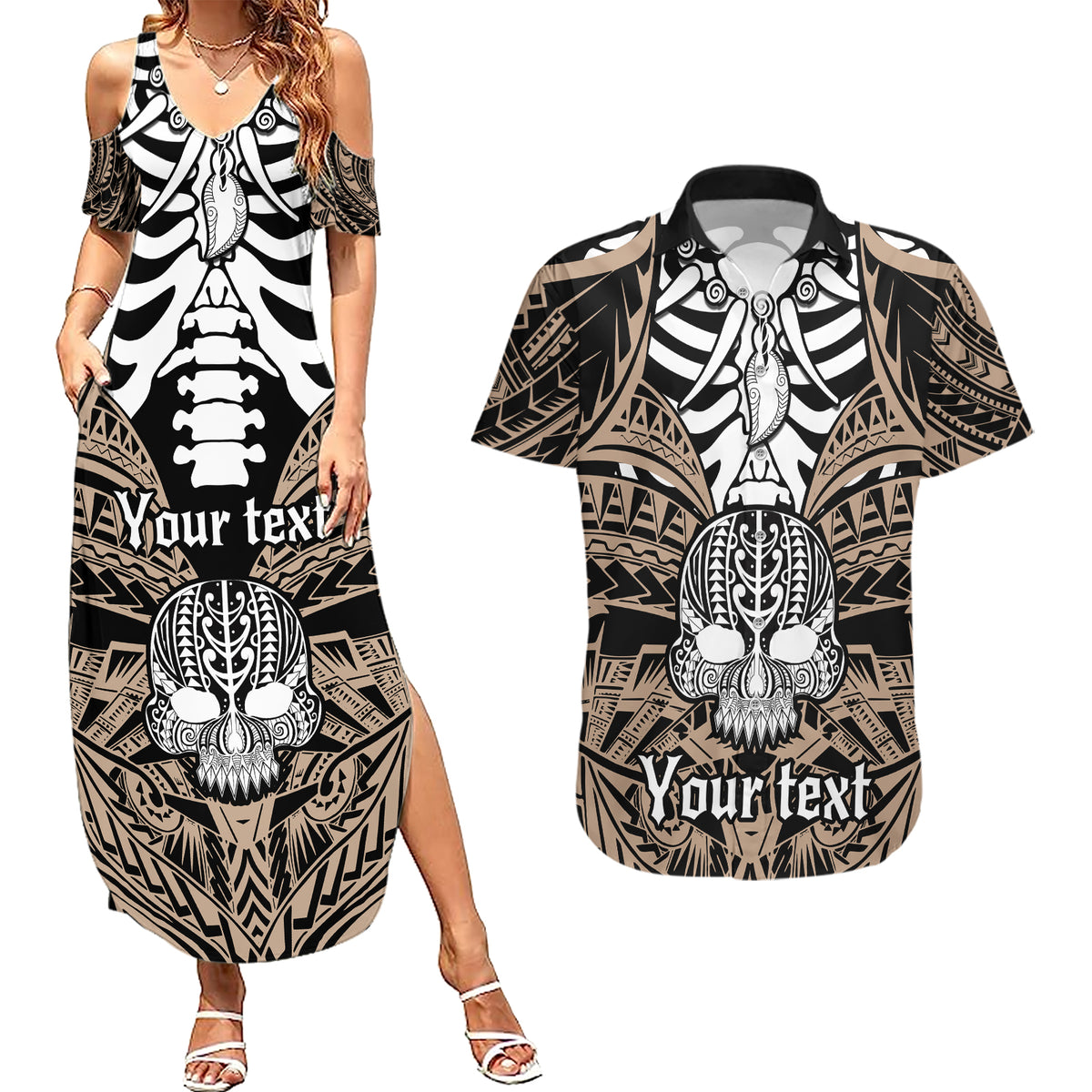 Personalised Polynesia Skull Couples Matching Summer Maxi Dress and Hawaiian Shirt With Boars Tusk Gold Arty Vibe LT9 - Wonder Print Shop