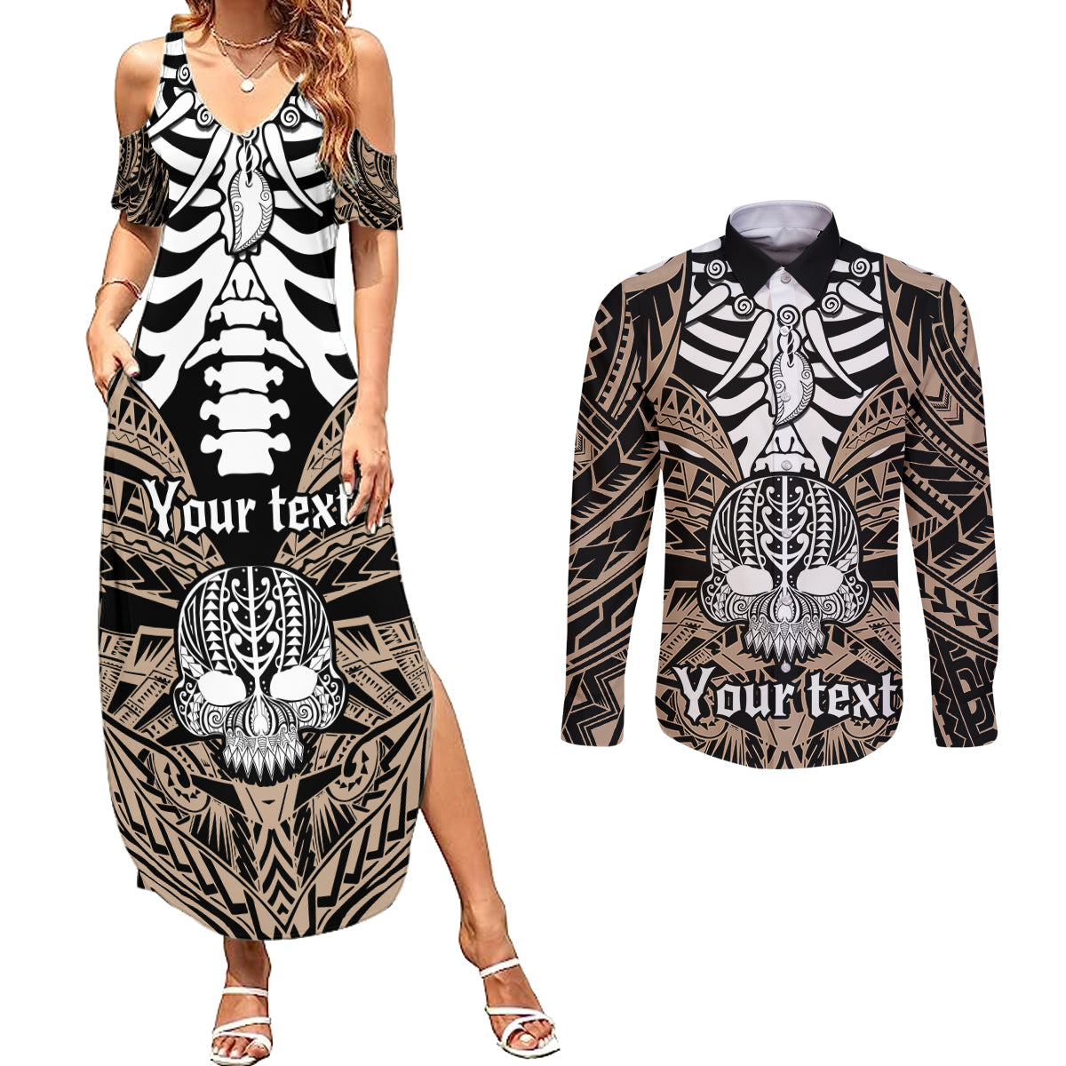 Personalised Polynesia Skull Couples Matching Summer Maxi Dress and Long Sleeve Button Shirts With Boars Tusk Gold Arty Vibe LT9 - Wonder Print Shop