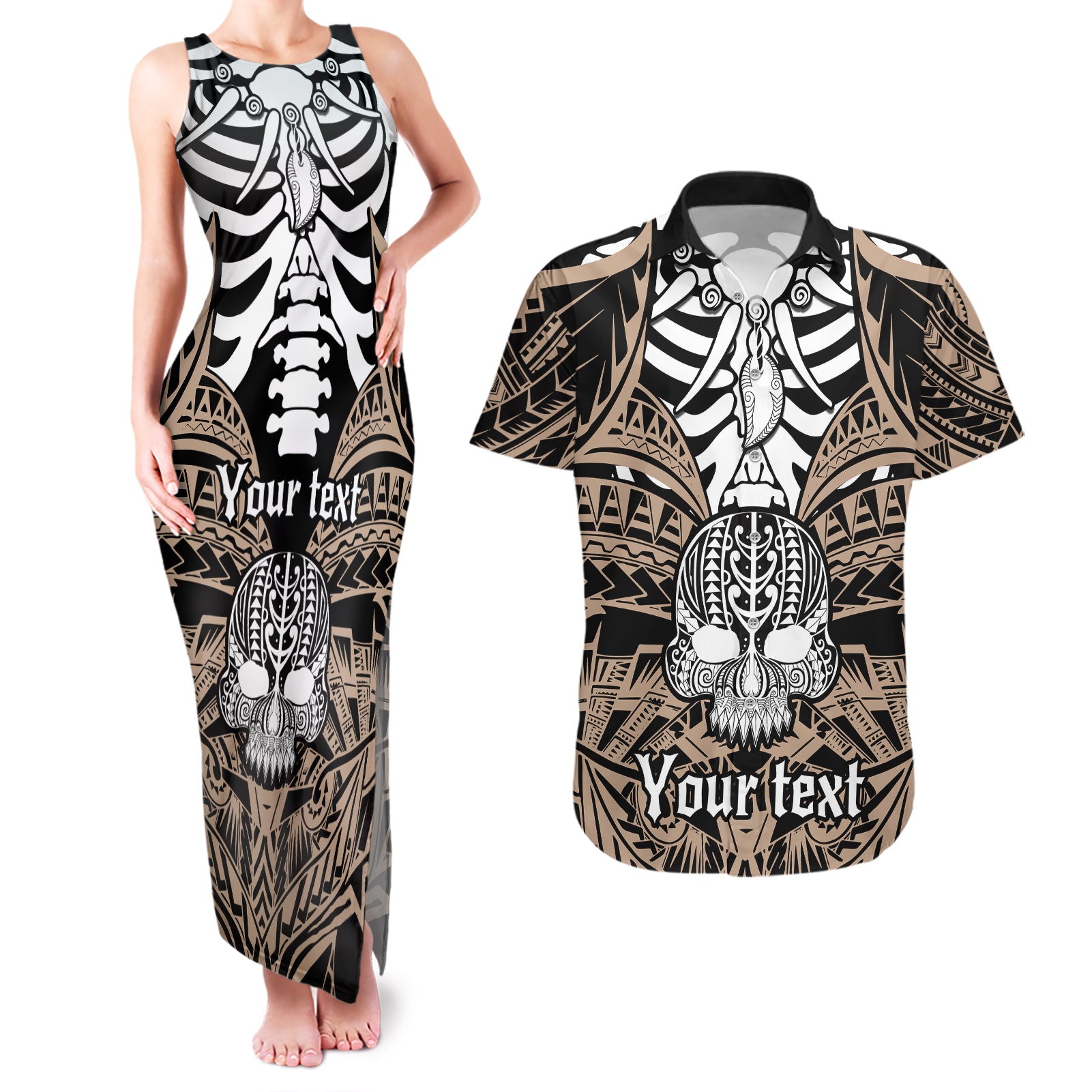 Personalised Polynesia Skull Couples Matching Tank Maxi Dress and Hawaiian Shirt With Boars Tusk Gold Arty Vibe LT9 - Wonder Print Shop