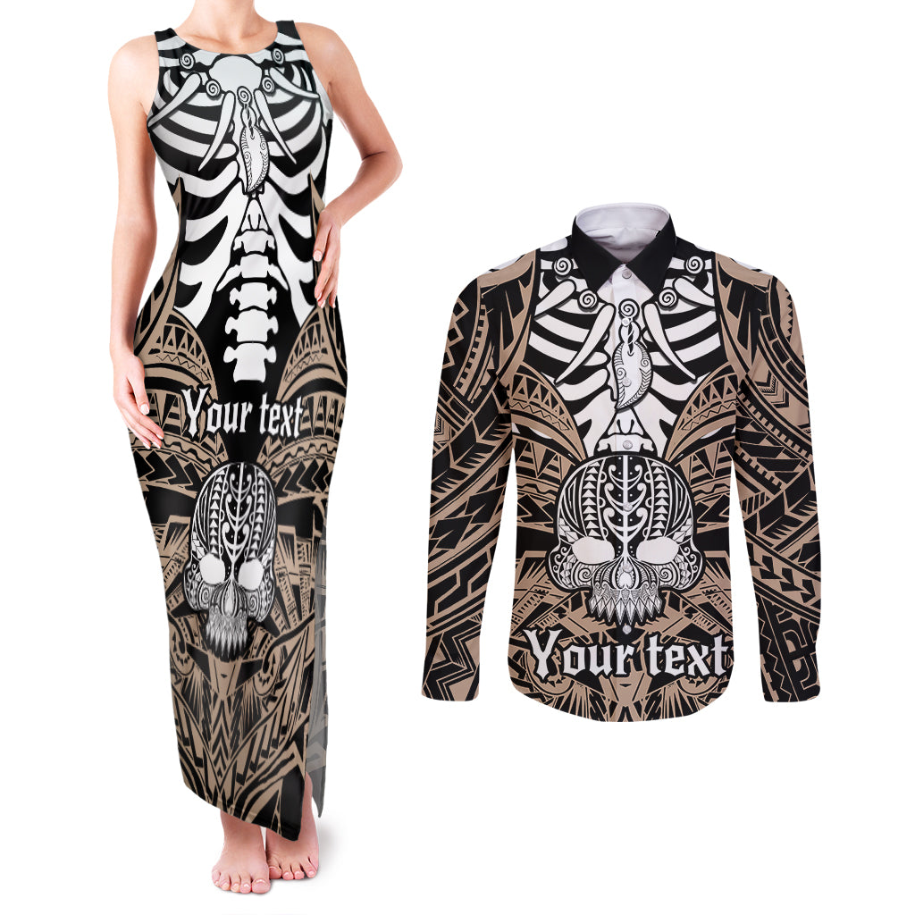 Personalised Polynesia Skull Couples Matching Tank Maxi Dress and Long Sleeve Button Shirts With Boars Tusk Gold Arty Vibe LT9 - Wonder Print Shop