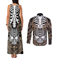 Personalised Polynesia Skull Couples Matching Tank Maxi Dress and Long Sleeve Button Shirts With Boars Tusk Gold Arty Vibe LT9 - Wonder Print Shop