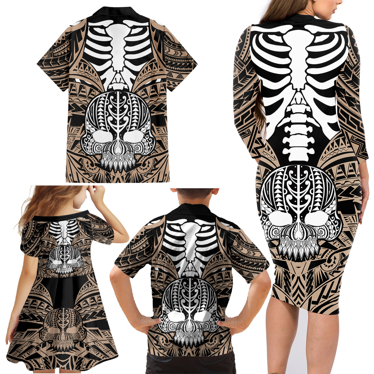 Personalised Polynesia Skull Family Matching Long Sleeve Bodycon Dress and Hawaiian Shirt With Boars Tusk Gold Arty Vibe LT9 - Wonder Print Shop