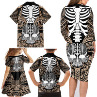 Personalised Polynesia Skull Family Matching Long Sleeve Bodycon Dress and Hawaiian Shirt With Boars Tusk Gold Arty Vibe LT9 - Wonder Print Shop
