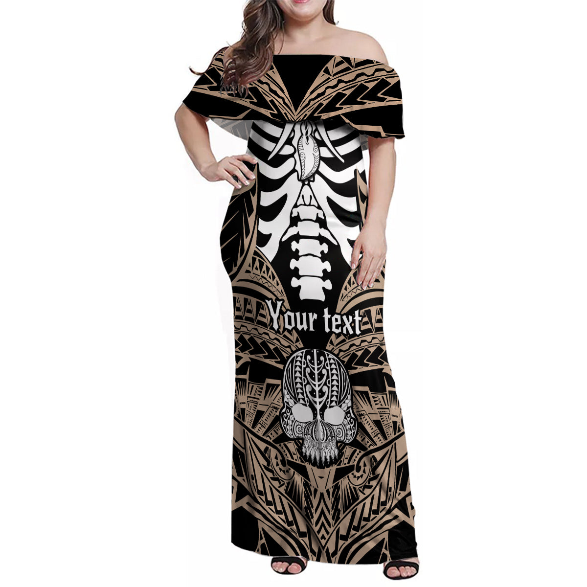 Personalised Polynesia Skull Family Matching Off Shoulder Maxi Dress and Hawaiian Shirt With Boars Tusk Gold Arty Vibe LT9 - Wonder Print Shop