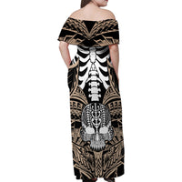 Personalised Polynesia Skull Family Matching Off Shoulder Maxi Dress and Hawaiian Shirt With Boars Tusk Gold Arty Vibe LT9 - Wonder Print Shop