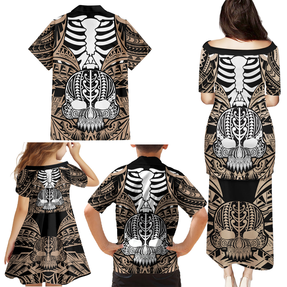 Personalised Polynesia Skull Family Matching Puletasi Dress and Hawaiian Shirt With Boars Tusk Gold Arty Vibe - Wonder Print Shop