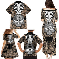 Personalised Polynesia Skull Family Matching Puletasi Dress and Hawaiian Shirt With Boars Tusk Gold Arty Vibe - Wonder Print Shop