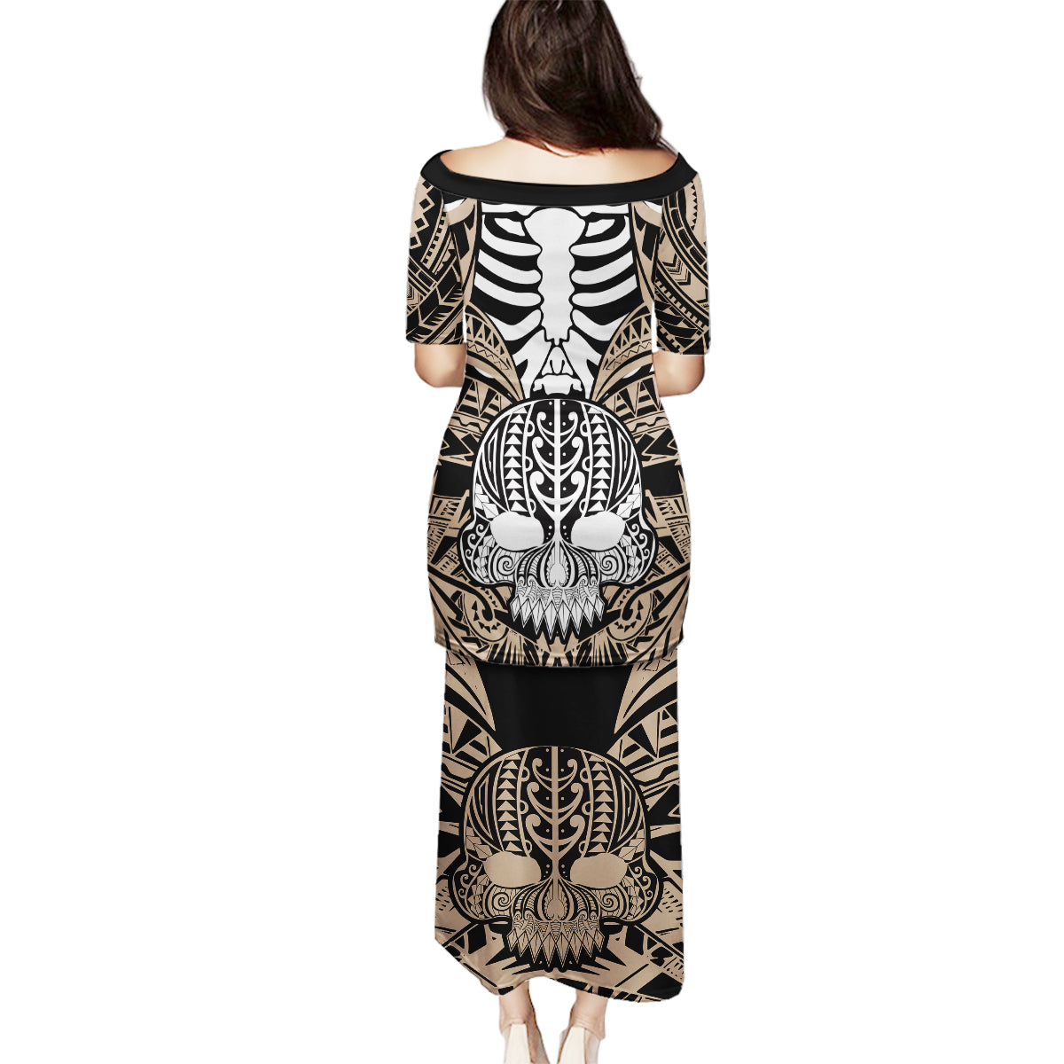 Personalised Polynesia Skull Family Matching Puletasi Dress and Hawaiian Shirt With Boars Tusk Gold Arty Vibe - Wonder Print Shop