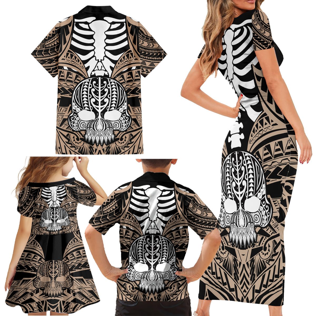 Personalised Polynesia Skull Family Matching Short Sleeve Bodycon Dress and Hawaiian Shirt With Boars Tusk Gold Arty Vibe - Wonder Print Shop