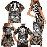 Personalised Polynesia Skull Family Matching Short Sleeve Bodycon Dress and Hawaiian Shirt With Boars Tusk Gold Arty Vibe - Wonder Print Shop