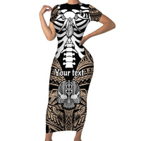 Personalised Polynesia Skull Family Matching Short Sleeve Bodycon Dress and Hawaiian Shirt With Boars Tusk Gold Arty Vibe - Wonder Print Shop
