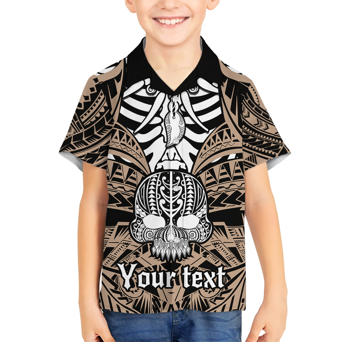 Personalised Polynesia Skull Family Matching Tank Maxi Dress and Hawaiian Shirt With Boars Tusk Gold Arty Vibe - Wonder Print Shop