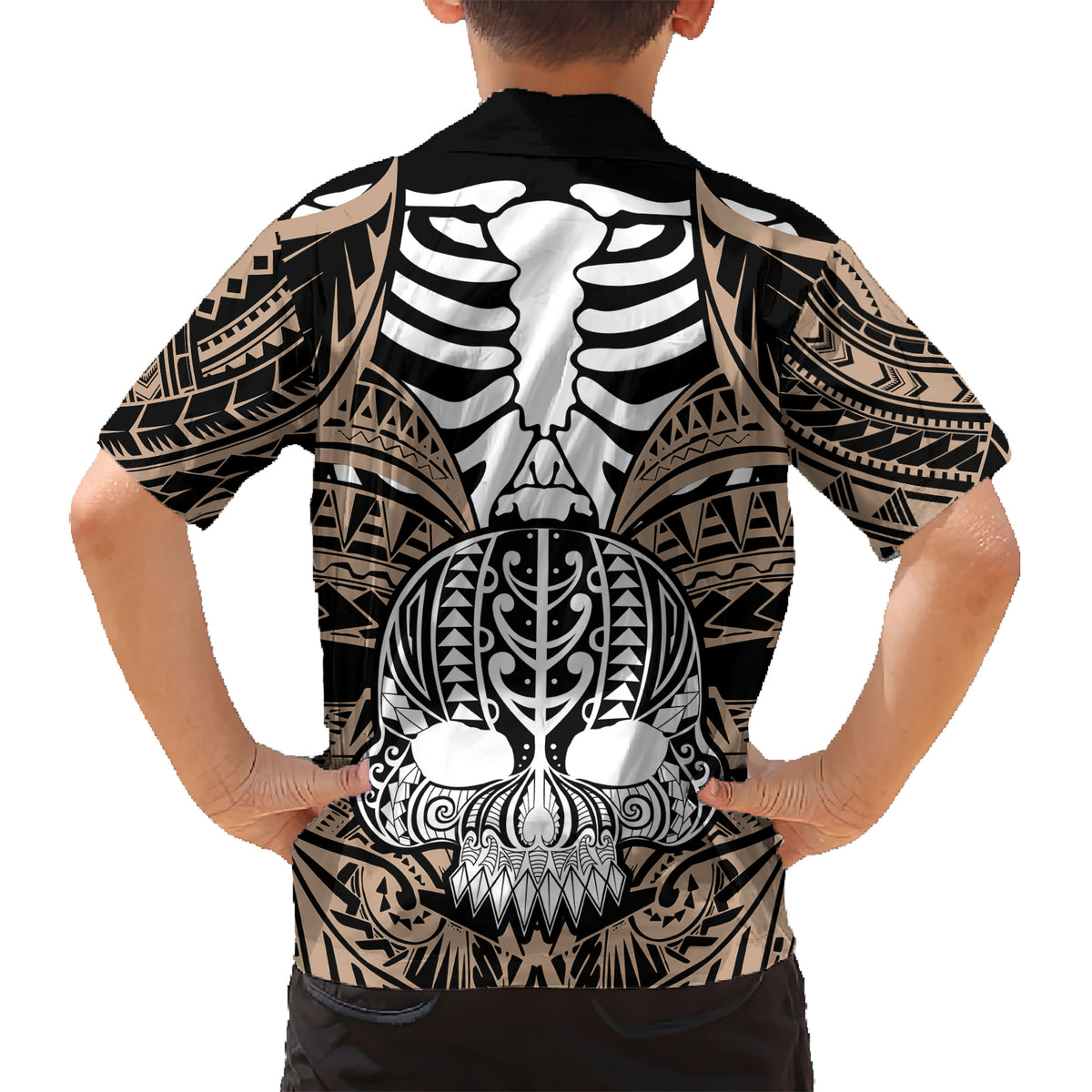 Personalised Polynesia Skull Kid Hawaiian Shirt With Boars Tusk Gold Arty Vibe - Wonder Print Shop