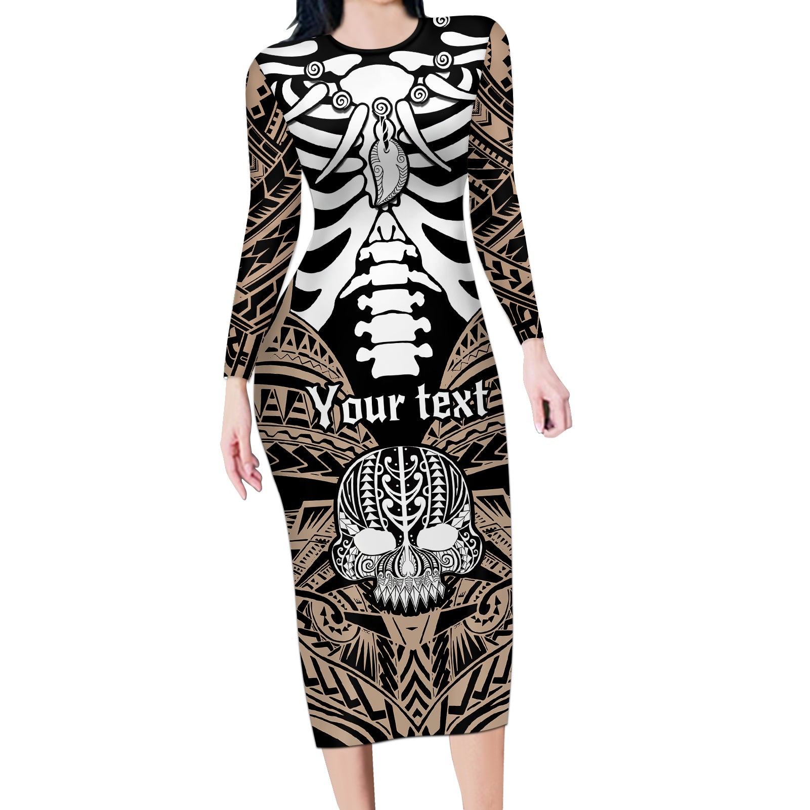 Personalised Polynesia Skull Long Sleeve Bodycon Dress With Boars Tusk Gold Arty Vibe - Wonder Print Shop