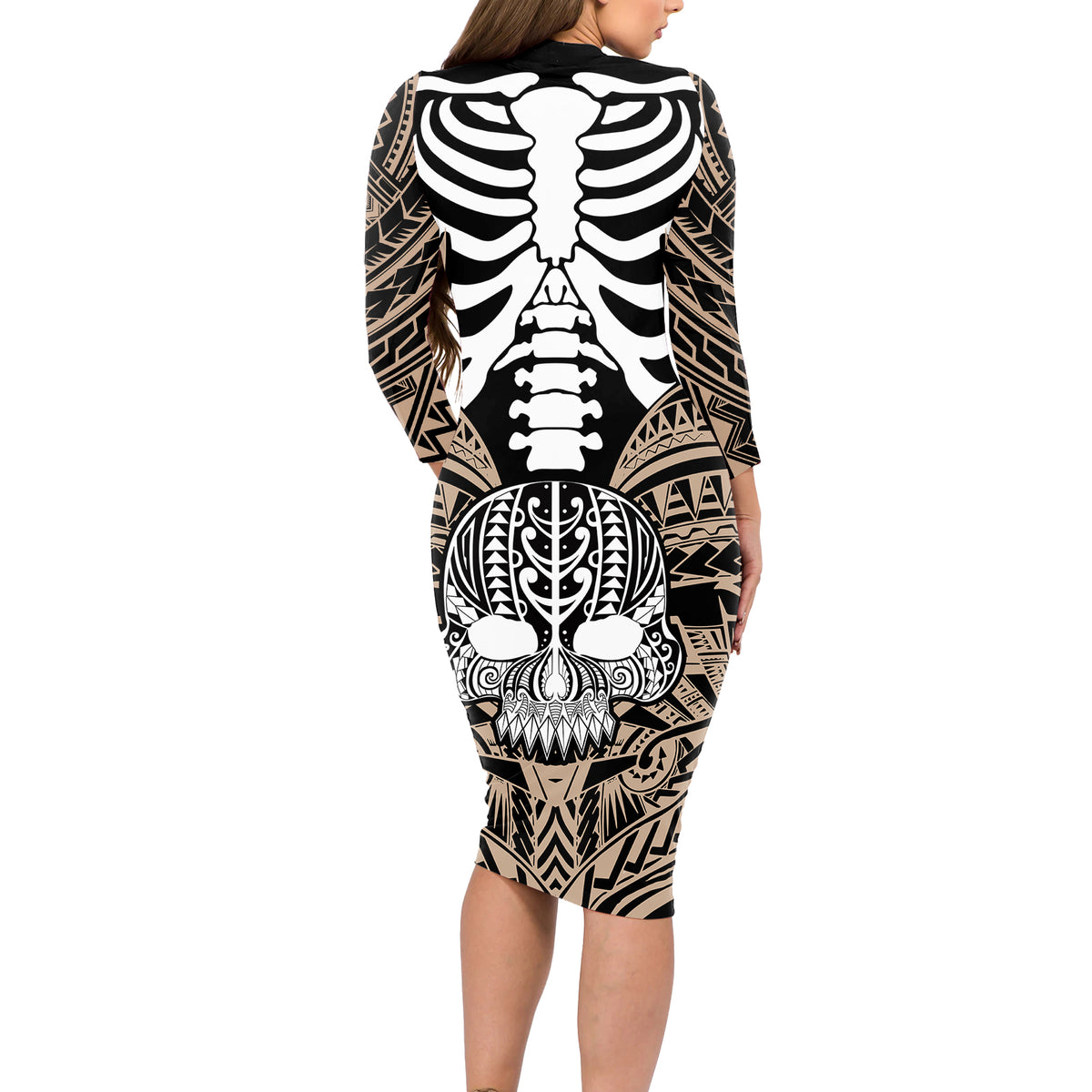 Personalised Polynesia Skull Long Sleeve Bodycon Dress With Boars Tusk Gold Arty Vibe - Wonder Print Shop