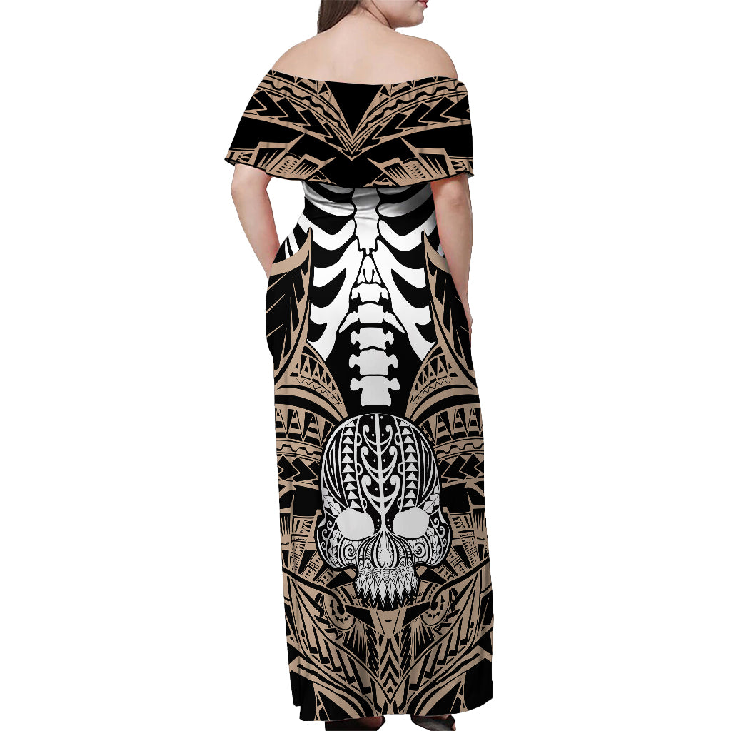 Personalised Polynesia Skull Off Shoulder Maxi Dress With Boars Tusk Gold Arty Vibe - Wonder Print Shop