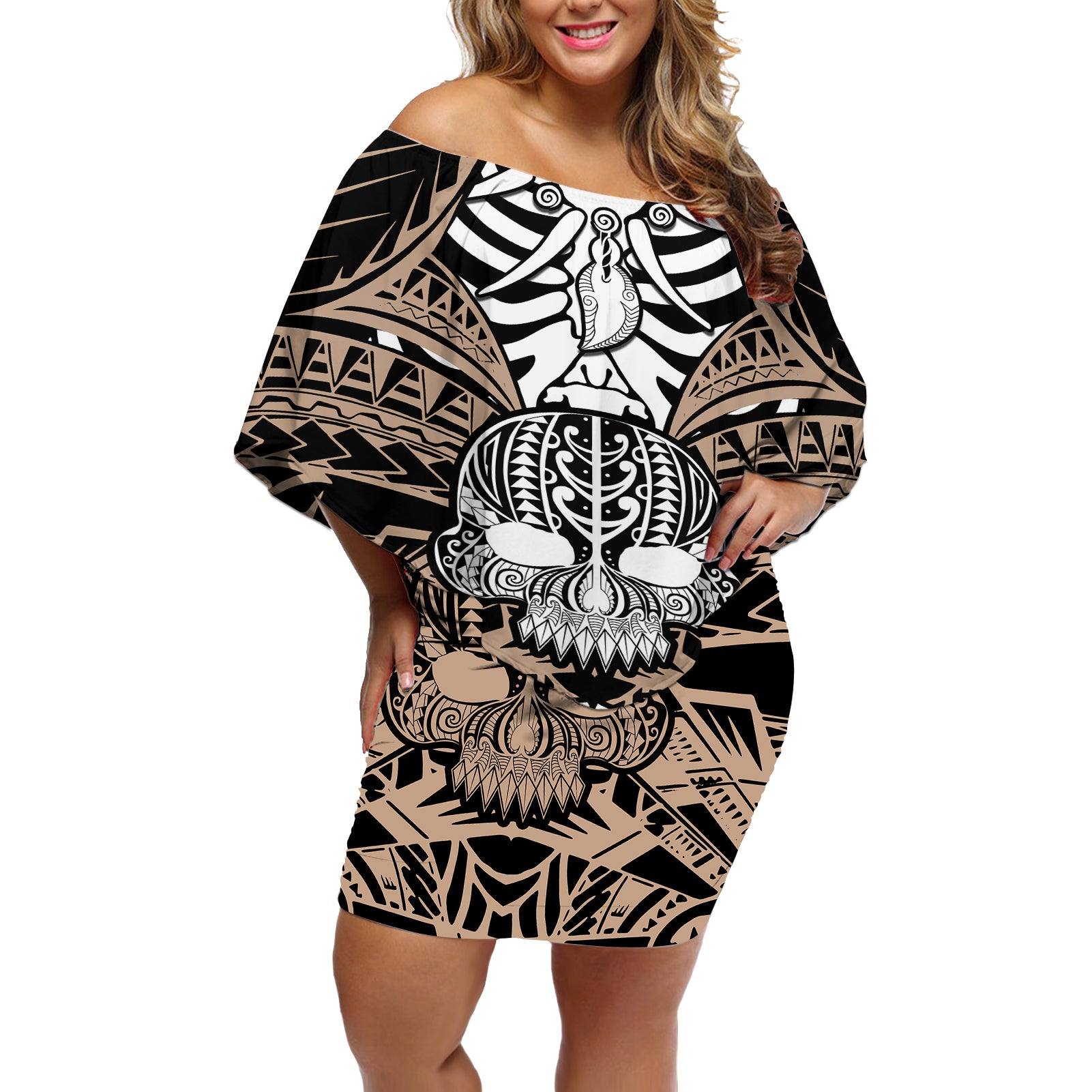 Personalised Polynesia Skull Off Shoulder Short Dress With Boars Tusk Gold Arty Vibe - Wonder Print Shop