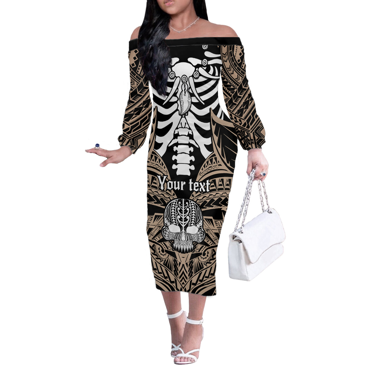 Personalised Polynesia Skull Off The Shoulder Long Sleeve Dress With Boars Tusk Gold Arty Vibe - Wonder Print Shop