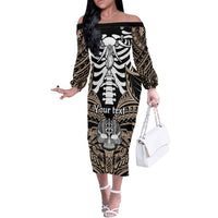Personalised Polynesia Skull Off The Shoulder Long Sleeve Dress With Boars Tusk Gold Arty Vibe - Wonder Print Shop