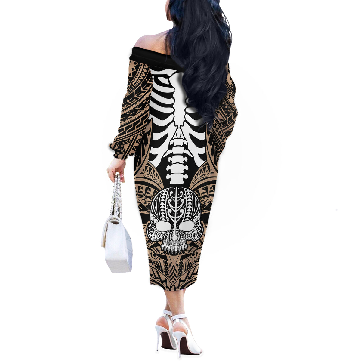 Personalised Polynesia Skull Off The Shoulder Long Sleeve Dress With Boars Tusk Gold Arty Vibe - Wonder Print Shop