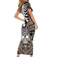 Personalised Polynesia Skull Short Sleeve Bodycon Dress With Boars Tusk Gold Arty Vibe - Wonder Print Shop