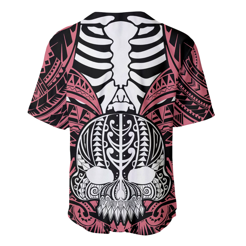 Personalised Polynesia Skull Baseball Jersey With Boars Tusk Pink Arty Vibe LT9 - Wonder Print Shop