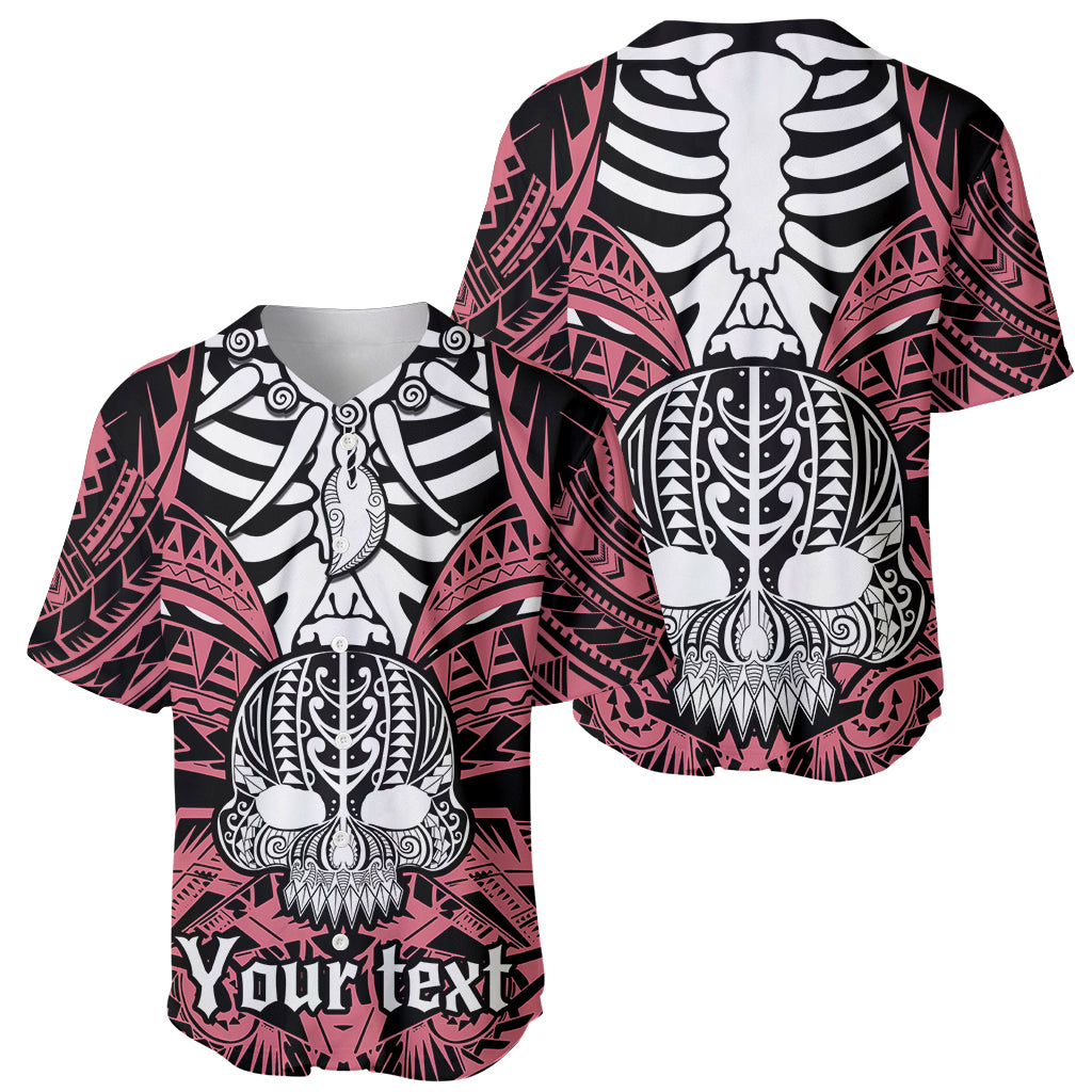 Personalised Polynesia Skull Baseball Jersey With Boars Tusk Pink Arty Vibe LT9 - Wonder Print Shop