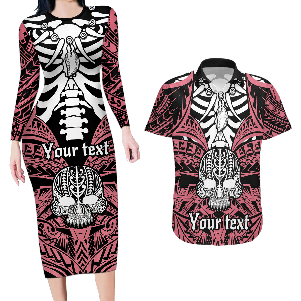 Personalised Polynesia Skull Couples Matching Long Sleeve Bodycon Dress and Hawaiian Shirt With Boars Tusk Pink Arty Vibe LT9 - Wonder Print Shop
